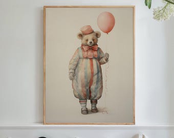 Vintage print circusbeer, cottage baby girl kinderkamer kunstposter (digitale download)