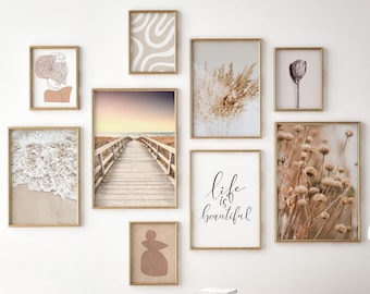 Gallery wall prints, set of 9 prints, neutral gallery wall set, coastal pampas prints, boho printable wall art