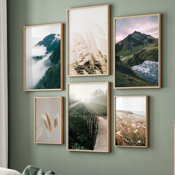 Set de 6 láminas artísticas verdes, Arte mural verde oscuro, Set de galería verde y beige, Láminas de naturaleza verde, Arte mural imprimible