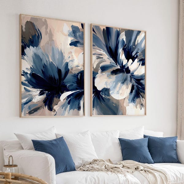 Dunkelblaue abstrakte Blumen Drucke, 2er-Set, moderne minimalistische Blumenmalerei, digitaler Download