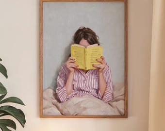 Woman reading book in bed print, book lover painting, cozy evening digital download