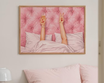 Rosa Champagner Wein im Bett Druck, Girly Schlafzimmer horizontal Illustration (digitaler Download)