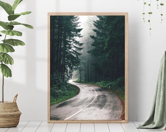 Impresión de caminos forestales, fotografía de abetos, arte de la pared de la naturaleza, cartel de paisajes del bosque oscuro, arte de pared imprimible nórdico