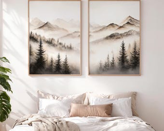 Abstract mountain 2 piece wall art, neutral forest landscape prints, digital download