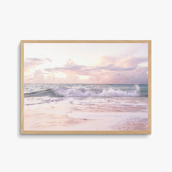 Pastel Pink Sea Art Print, Horizontal Beach Wall Art, Coastal Photography, Printable Wall Art, Instant Download