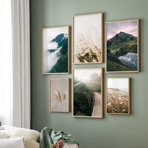 Groene kunstprint set van 6, donkergroene muurkunst, groen en beige galerijset, groene natuurprints, afdrukbare muurkunst