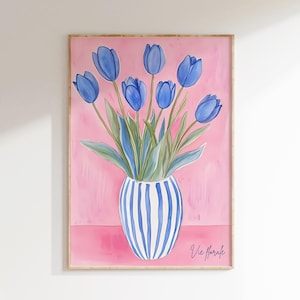 Impresión de flores de tulipán en jarrón, arte botánico floral rosa azul moderno, póster de flores abstractas contemporáneas, arte de pared imprimible grande