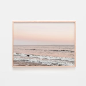 Neutral Coastal Print, Pastel Ocean Photography, Pink Sunset Ocean Wave Print, Printable Wall Art