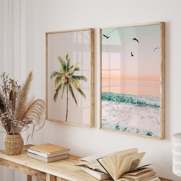Pastel Beach Prints Set of 2, Coastal 2 piece wall art, Palm Tree Poster, Ocean Wave Photo, Tropical Printable Wall Art