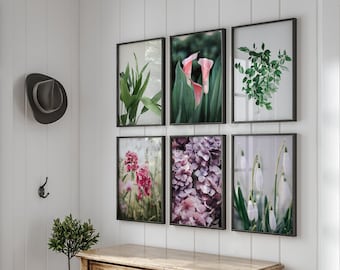 Spring flowers gallery wall set of 6 prints,  floral pink prints, spring photography, printable wall art