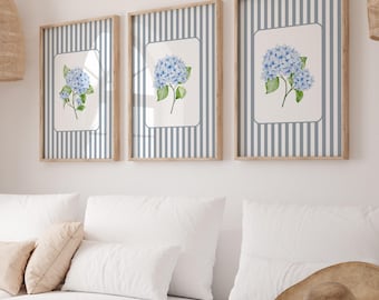 Hydrangea prints set of 3, cottagecore blue white striped flowers printable wall art