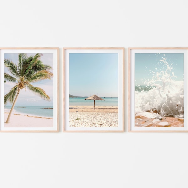 Summer Beach Set of 3 prints, Neutral beach picture prints, Tropical Palm tree posters, Boho Printable Wall Art