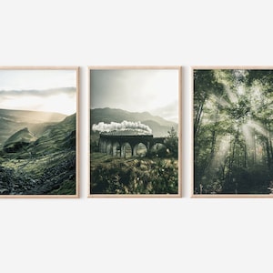 Dunkelgrüne Wandkunst, Naturdrucke 3er Set, Glenfinnan Viadukt Fotografie, boho grüne Drucke, druckbare Wandkunst