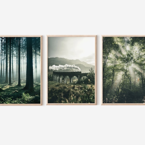 Impresiones de bosque verde oscuro conjunto de 3, cartel del viaducto de Genfinnan, impresiones digitales de naturaleza verde, arte de pared imprimible