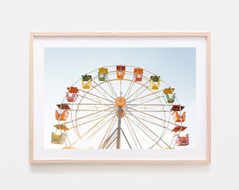 Impresión de la noria, cartel de verano, impresión del parque de atracciones, cartel de la noria del vivero, arte de pared imprimible colorido