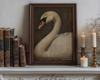 May include: A framed painting of a swan in a dark brown frame. The swan is white with a black beak, set against a dark background. The painting is on a white mantelpiece with candles and a stack of old books.