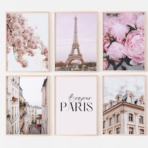 Paris wall art, gallery wall set of 6 prints, pink Paris photography prints, fashion flower posters, printable wall art