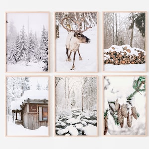 Conjunto de 6 láminas de invierno, láminas de invierno, arte mural navideño, conjunto de fotos de renos, arte mural nórdico imprimible.