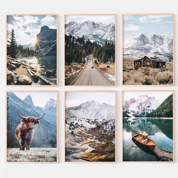 Naturgalerie Wandset mit 6 Drucken, rustikale Landschaftswandkunst, Waldberge Fotografie, Hochlandkuhkunst, nordische druckbare Wandkunst