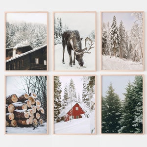Winter Set of 6 Prints, Snowy Forest Cabin Prints, Moose Photography ...