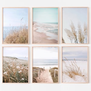 Coastal prints set of 6, coastal gallery wall set, neutral beach wall art, boho beach house decor, printable wall art