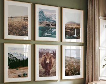 Highland cow prints set of 6, nature gallery wall set, rustic landscape posters, printable wall art