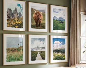 Nature prints, highland cow set of 6 prints, Scotland gallery wall set, nordic rustic landscape posters, printable wall art