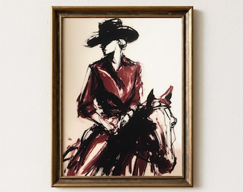 Burgundy cowgirl on horse painting, modern abstract western cowboy print, digital download