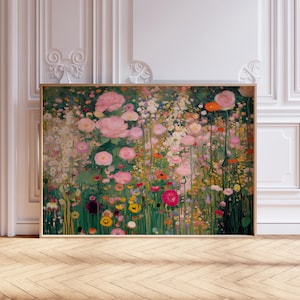 Gustav Klimt style Wildflower meadow print, horizontal abstract floral garden painting, digital download