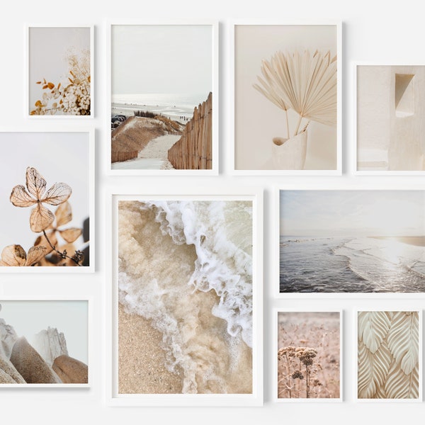 Boho gallery wall set of 10 prints, Neutral beach gallery prints, Printable wall art