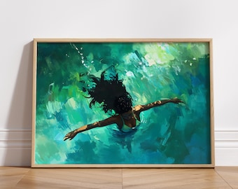 Black woman in swimming pool art print, girl in pool digital poster, summer turquoise ocean artwork, beachy printable wall art