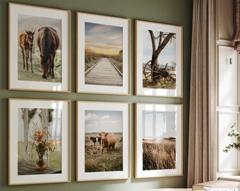 Juego de 6 impresiones rústicas para pared con galería imprimible, fotografía de paisajes de granjas, carteles de vacas de las tierras altas, arte de pared imprimible