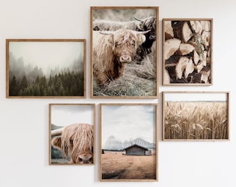 Country gallery wall set of 6 prints, highland cow prints set, rustic landscape photography, printable wall art