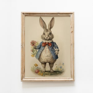 Eclectic rabbit wall art, vintage nursery bunny art, cottagecore bunny with flowers print, digital download, large printable wall art