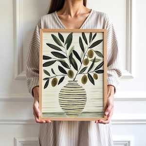 Impresión de rama de olivo verde salvia, pintura de olivo en jarrón, obra de arte botánica moderna boho, arte de pared imprimible