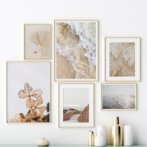 Neutral Coastal gallery wall set of 6 prints, boho coast art prints, beach digital downloads, printable wall art