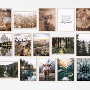 15 prints, Nature gallery wall set, lake nature prints, forest landscape photos, highland cow posters, nordic printable wall art