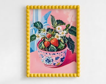 Aardbeiplant art print, kleurrijk botanisch schilderij, cottagecore fruit illustratie, digitale download