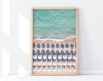 Aerial Beach Print, Turquoise Ocean Wall Art, Beach Umbrellas Poster, Coastal Printable Wall Art