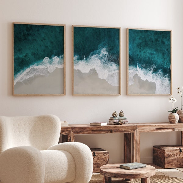 Ocean Triptych wall art, ocean waves prints set of 3, aerial coast 3 piece wall art, digital download, printable wall art