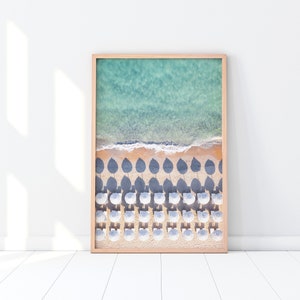 Aerial Beach Print, Turquoise Ocean Wall Art, Beach Umbrellas Poster, Coastal Printable Wall Art