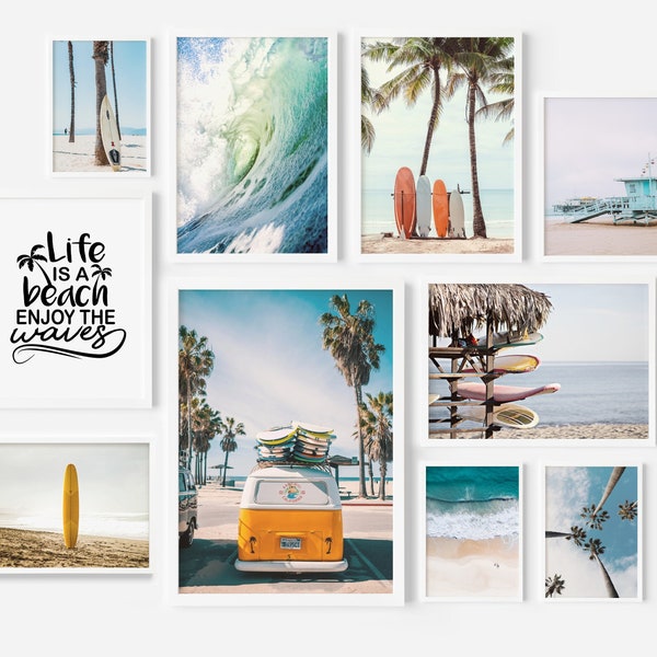 Beach prints set of 10, beach gallery wall prints, surf photo posters, tropical coastal DIGITAL prints, printable wall art