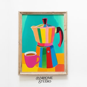 Colorful Moka Pot art print, retro coffee digital poster, trendy modern maximalist kitchen moka pot illustration, printable wall art