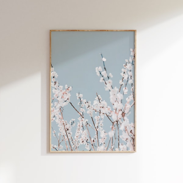 Cherry blossom digital print, floral spring wall art, white cherry tree bloom photography, printable wall art