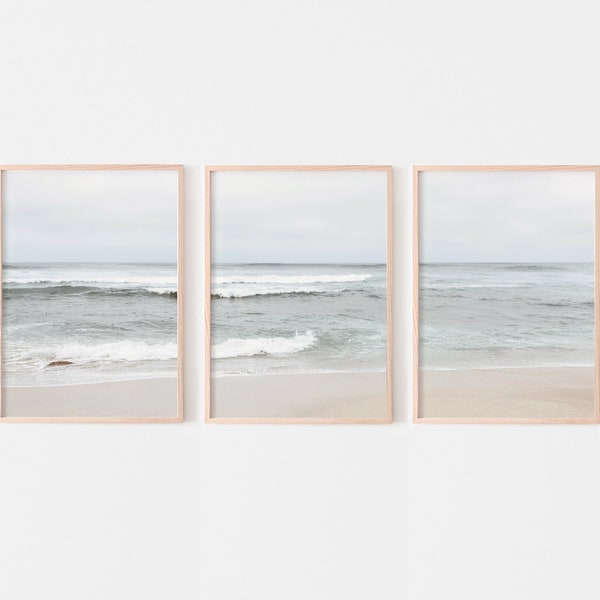 Ocean triptych wall art, beach prints set of 3, minimalist ocean prints, modern coastal photography, printable wall art