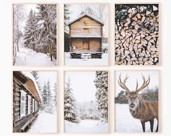 Winter muurkunst wordt afgedrukt, set van 6, afdrukbare kerstkunst, rendierenprints, winterlandschapsposters, noordse afdrukbare muurkunst