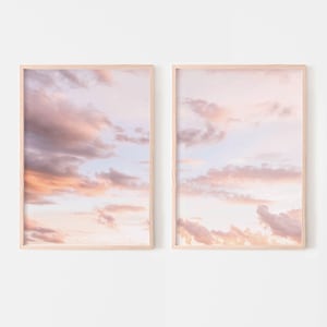 Blush pink clouds wall art, pink sky prints set of 2, sunset clouds digital posters, printable wall art