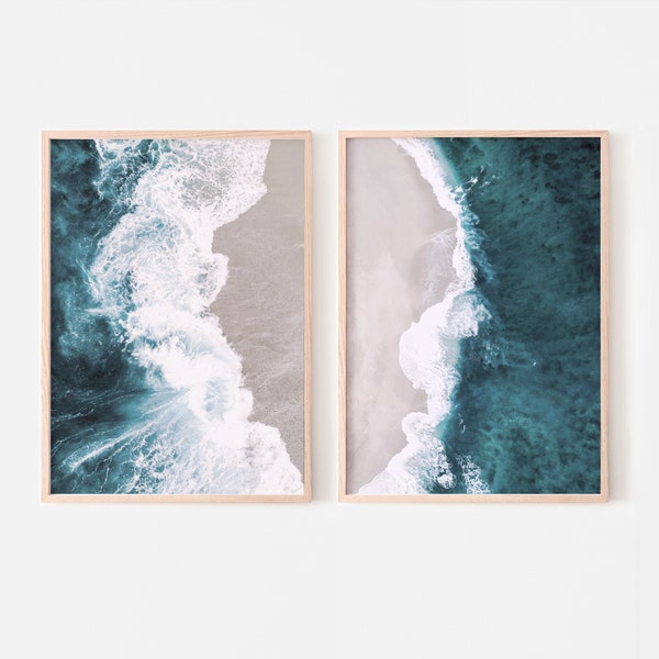 Aerial ocean waves prints set of 2, turquoise ocean 2 piece wall art, beach photo posters, printable wall art