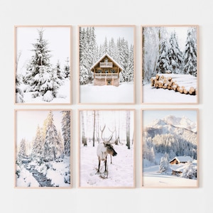 Winter prints set of 6, Snowy landscape photography, holiday gallery wall set, reindeer digital poster, printable wall art