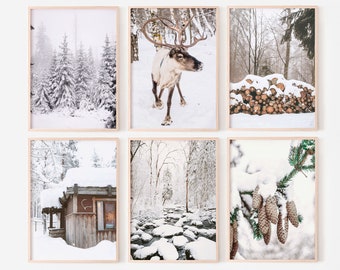 Winterset van 6 prints, winterprints, kunst aan de muur kerstgalerij, rendierfotoset, Scandinavische afdrukbare muurkunst